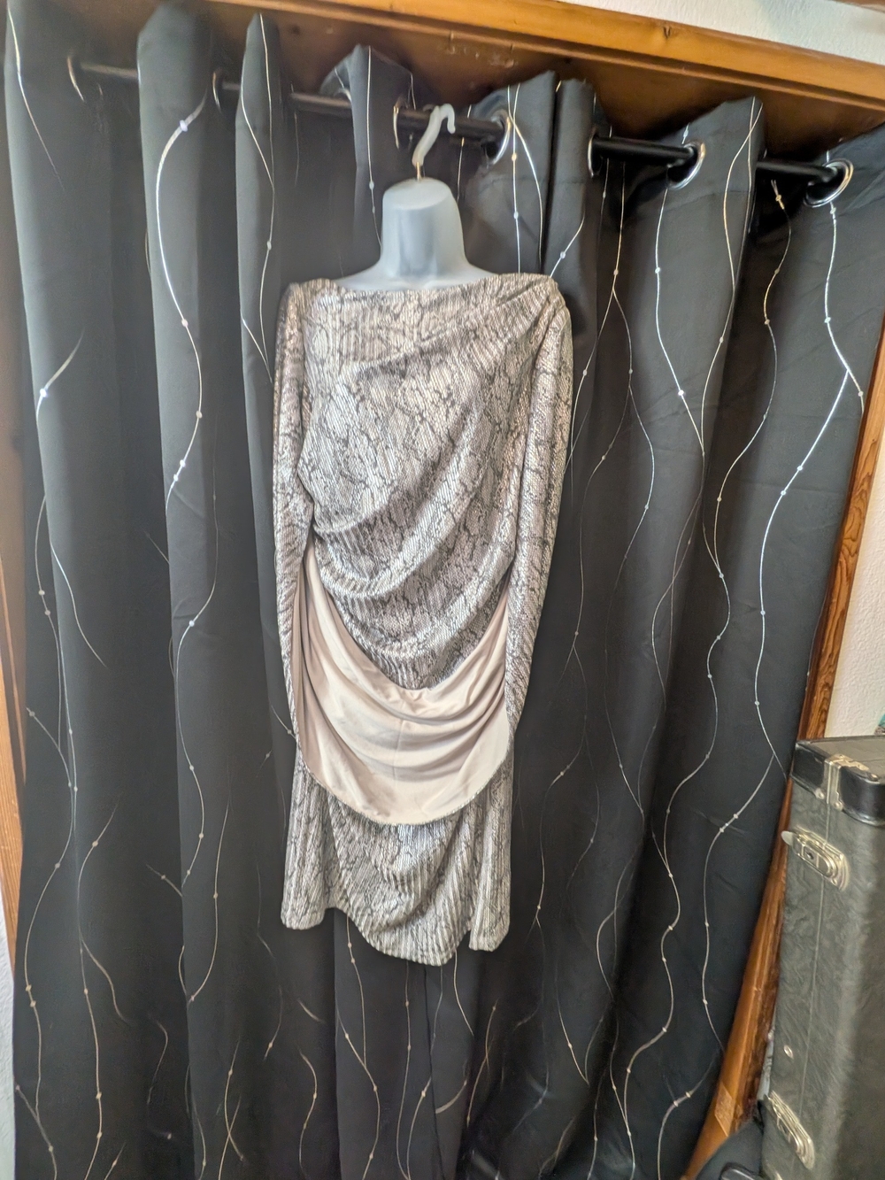 R&M Richards Silver Draped Midi Dress with Satin Accent